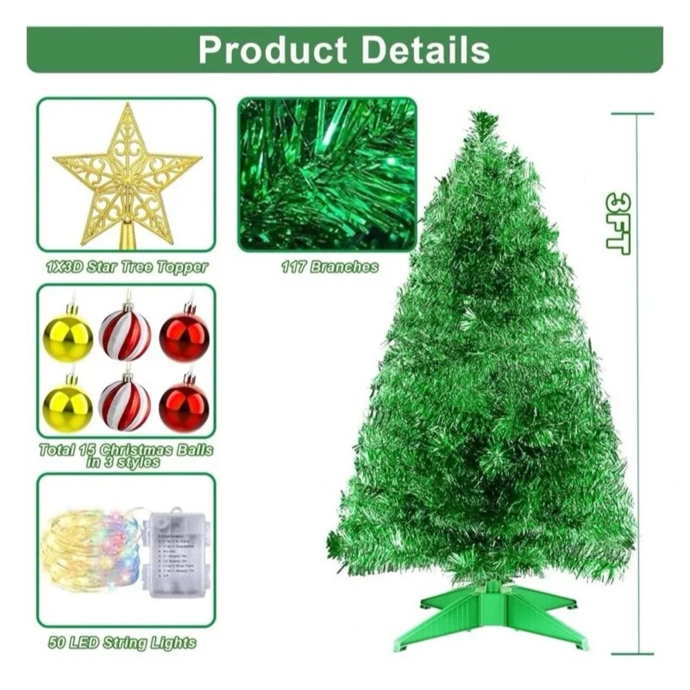 3 FT Small Artificial Green Christmas Tree w/ 50 Warm White &‎ Multicolor Lights
